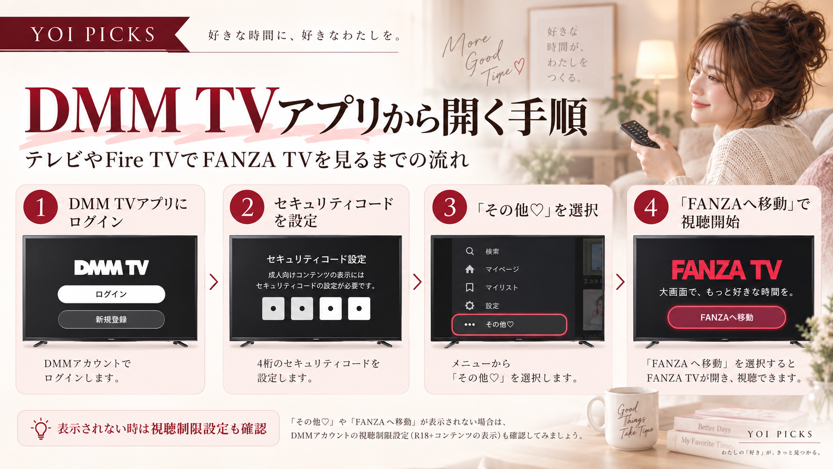 DMM TVアプリからFANZA TVを開くまでの手順を4ステップで解説するYOI PICKSの画像