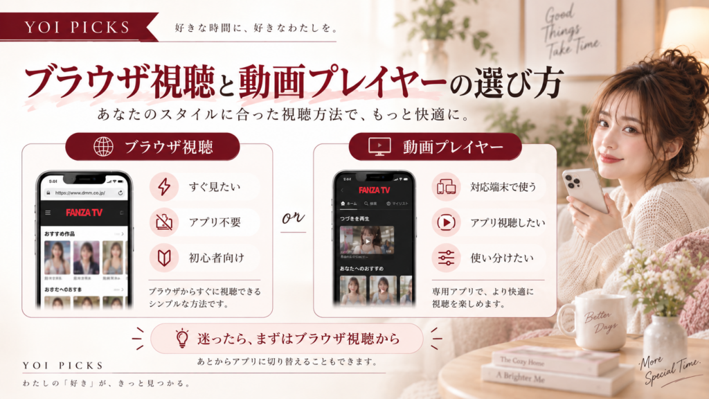 FANZA TVのブラウザ視聴と動画プレイヤーの違いと選び方を整理したYOI PICKSの解説画像