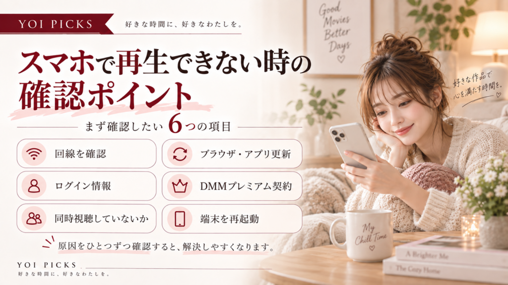 FANZA TVをスマホで再生できない時に確認したい回線・ブラウザ・ログイン・契約・同時視聴・端末再起動のポイントを整理したYOI PICKSの解説画像