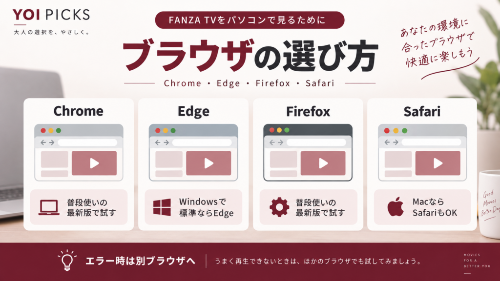 FANZA TVをPCで見る際のChrome・Edge・Firefox・Safariの選び方を整理したYOI PICKSの解説画像