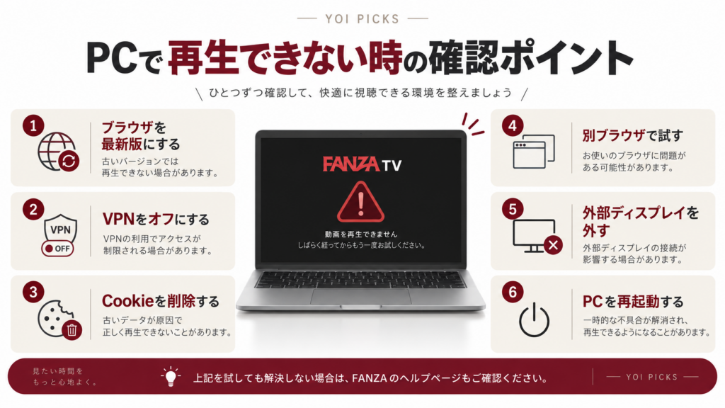 FANZA TVをPCで再生できない時に確認したいブラウザ更新・VPN・Cookie・外部ディスプレイ・PC再起動を整理したYOI PICKSの解説画像
