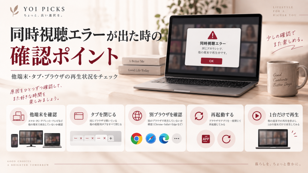 FANZA TVの同時視聴エラーが出た時に確認する他端末・タブ・ブラウザ・再起動・1台だけで再生する対処を整理したYOI PICKSの解説画像