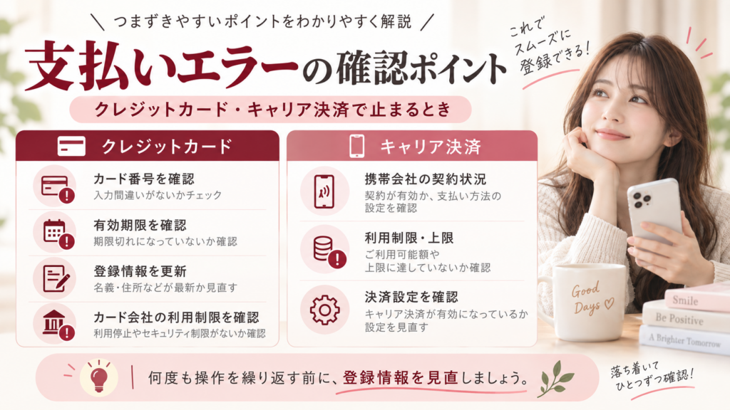 FANZA TV登録時のクレジットカードとキャリア決済の支払いエラーで確認したいポイントを整理したYOI PICKSの解説画像