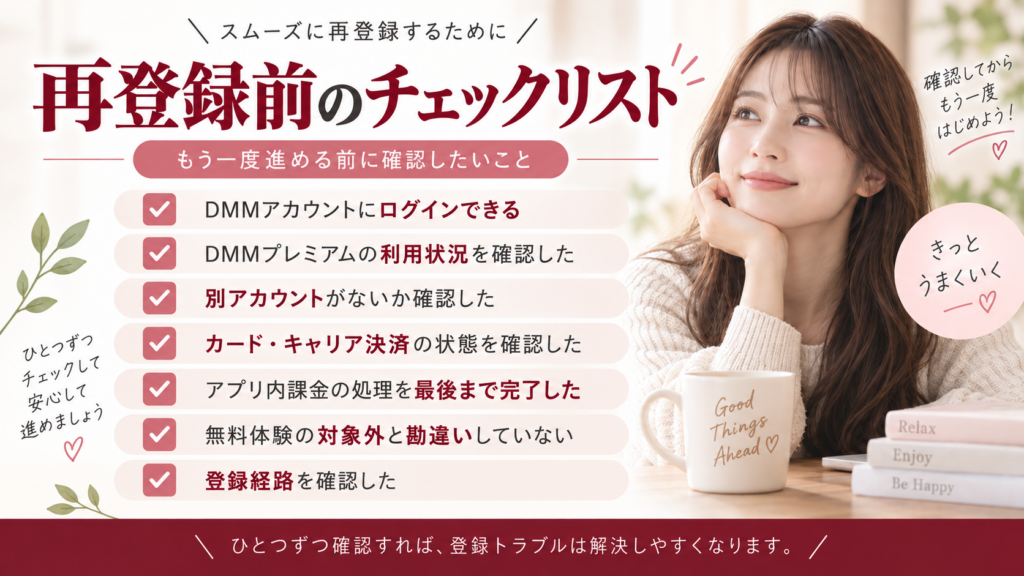 FANZA TVへ再登録する前にDMMアカウント・利用状況・別アカウント・支払い方法・アプリ内課金・無料体験・登録経路を確認するYOI PICKSのチェックリスト画像