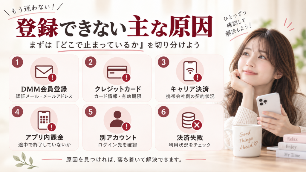 FANZA TVに登録できない主な原因としてDMM会員登録・クレジットカード・キャリア決済・アプリ内課金・別アカウント・決済失敗を整理したYOI PICKSの解説画像